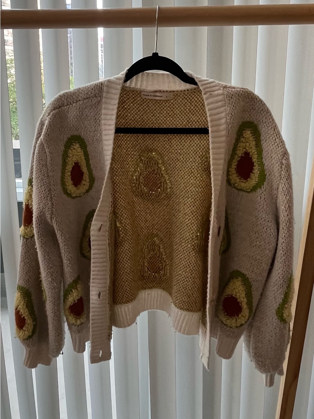 Women’s L moon & madison Ivory Cardigan with Green and Brown Avocado Motifs
